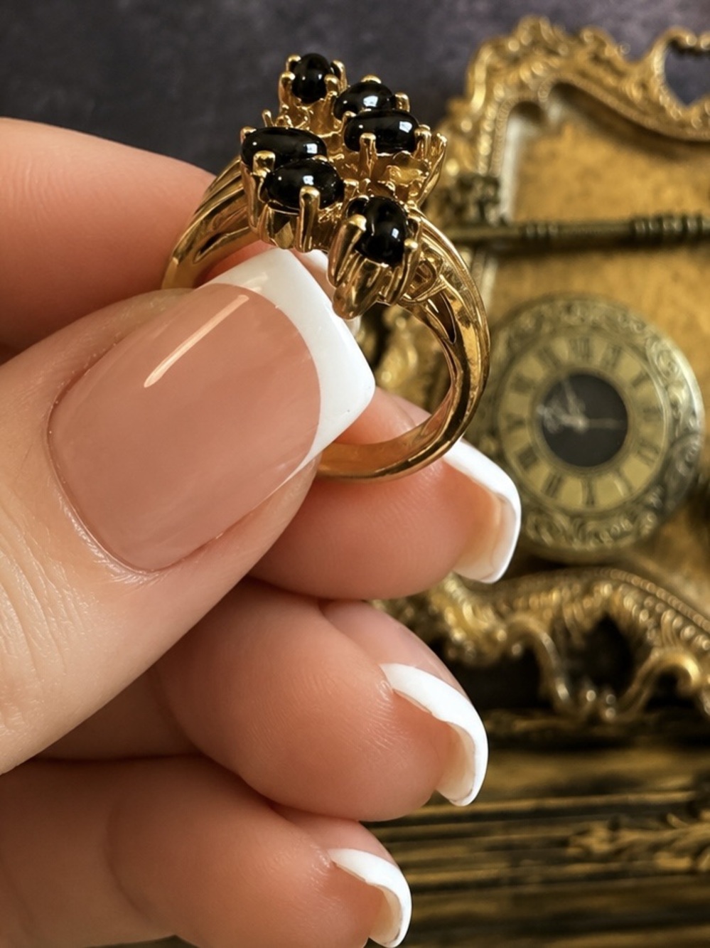 SETA •  Vintage Gold Black & Deep Rose Gemstone Statement Ring Abstract Cocktail - Picture 3 of 10